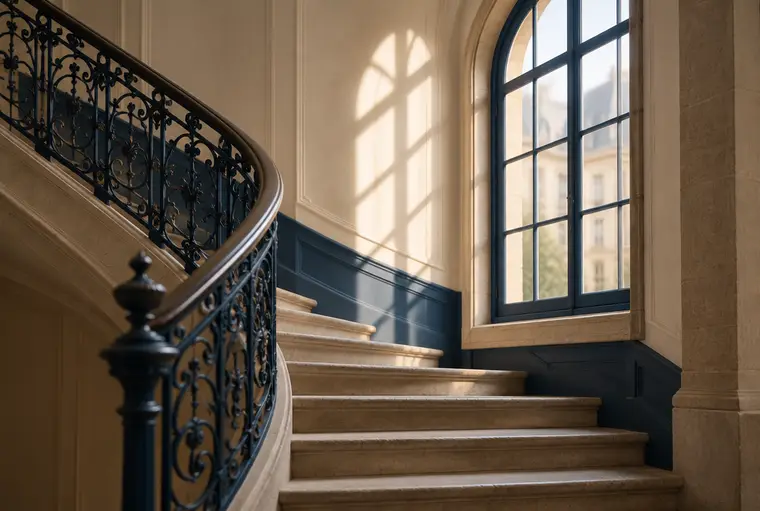 Altbau-Treppenhaus aus Sandstein mit schmiedeeisernem Geländer, von oben belichtet.