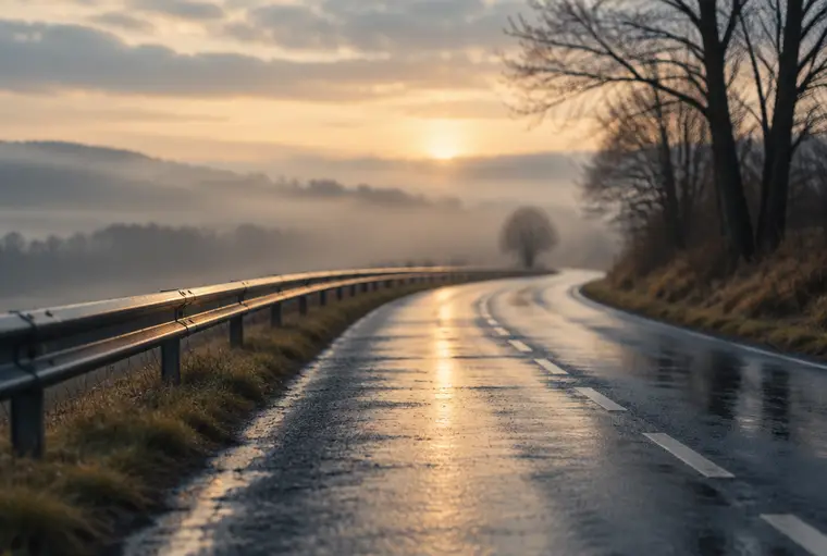 Nasse Landstraße mit Leitplanke im Morgennebel